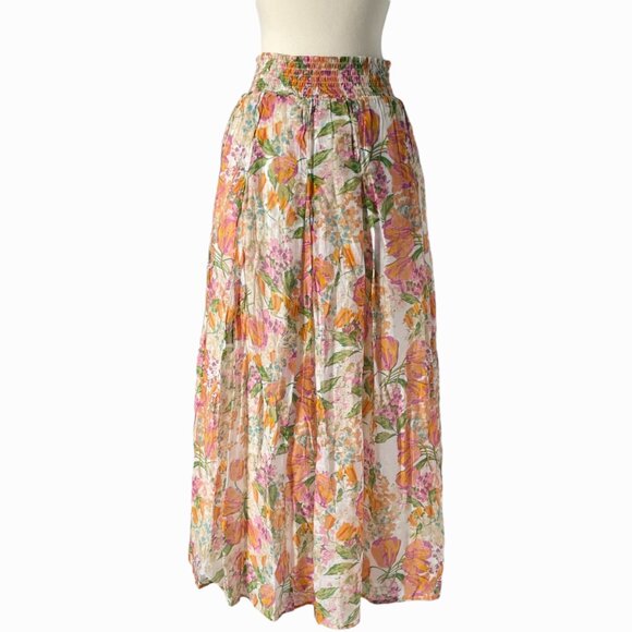 Buru Floral Maxi Skirt XS Smocked Waist Multicolor Lined Long Skirt - Picture 4 of 6